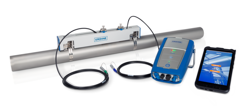 Ultrasonic flow measurement equipment setup.