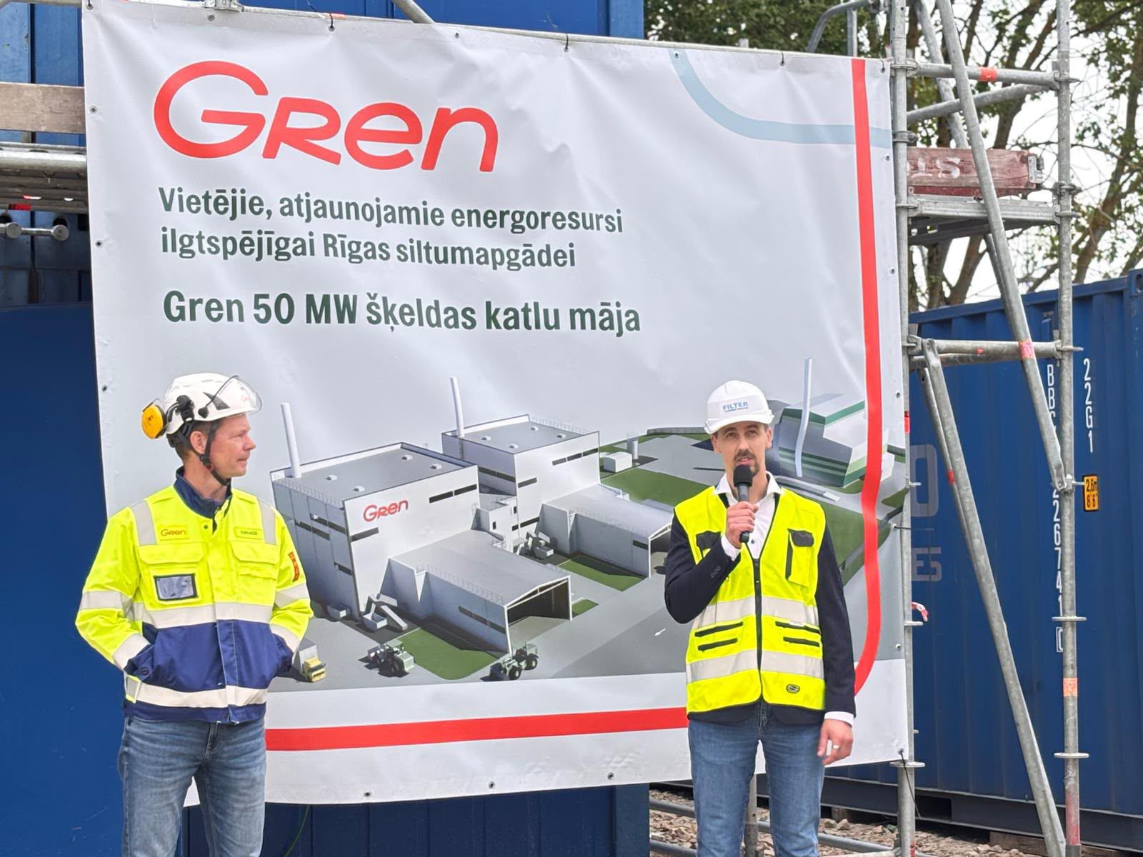 FILTER Project Manager Dāvis Alsbergs speaking at the topping-out ceremony of Gren's 50 MW biomass boiler house in Riga