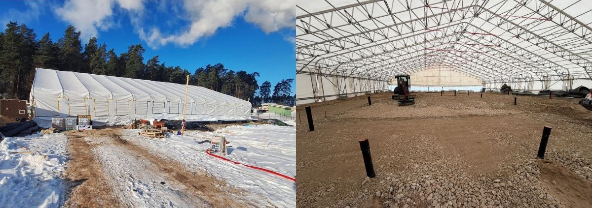 Temporary heated enclosure and foundation works during winter construction of Gren's 50 MW biomass boiler house in Riga